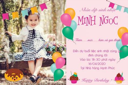 Thiệp mời sinh nhật màu hồng đáng yêu cho bé gái