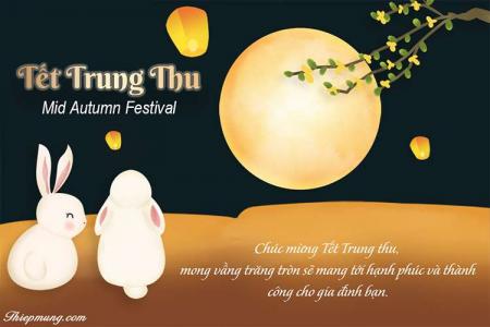 Thiệp trung thu đáng yêu với chú thỏ ngắm trăng