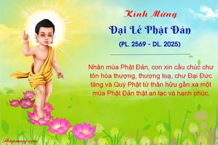 Thiệp Đức Phật đản sanh đi trên hoa sen cho Lễ Phật Đản 2025