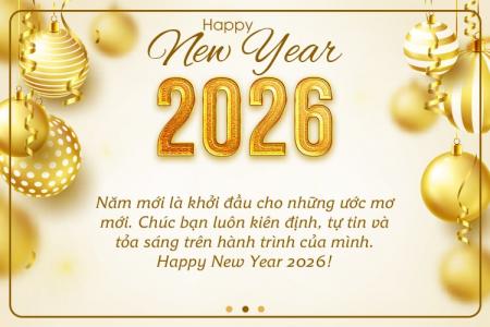 Thiệp chúc mừng năm mới 2026 màu vàng sang trong với bóng bay