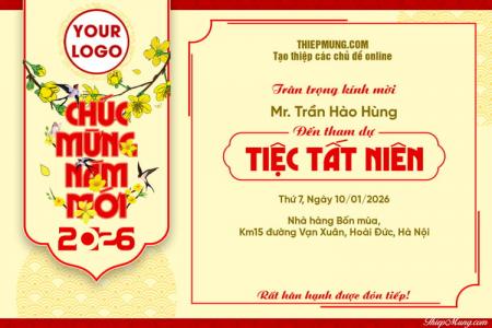 Mẫu thiệp mời Tiệc Tất Niên thiết kế đẹp với chim én và hoa mai