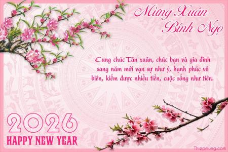 Tạo thiệp Tết 2026 hoa đào đẹp và ấn tượng