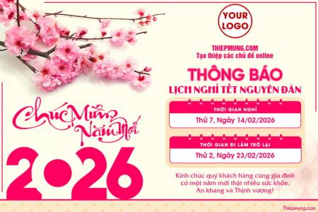 Mẫu thông báo lịch nghỉ Tết Nguyên Đán với hình ảnh hoa đào ngày Xuân