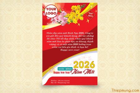 Mẫu thiệp chúc Tết năm mới 2026 hoa đào, hoa mai cho khách hàng