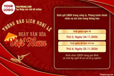 Mẫu thông báo lịch nghỉ lễ ngày văn hóa Việt Nam 24/11 tông đỏ chuyên nghiệp
