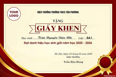 Mẫu giấy khen dành cho học sinh đạt thành tích xuất sắc