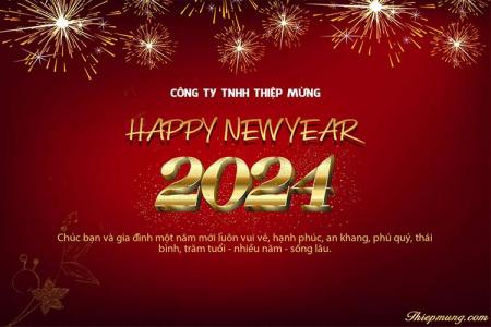Thiệp chúc mừng năm mới - Happy New Year 2024 nền đỏ và pháo hoa