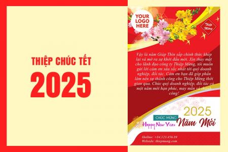 Mẫu thiệp chúc Tết năm mới 2025 hoa đào, hoa mai cho khách hàng