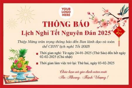 Thông báo lịch nghỉ Tết 2025 mẫu hoa đào với logo