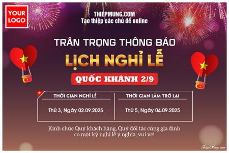 Mẫu thông báo nghỉ lễ Quốc Khánh 2/9 với pháo hoa