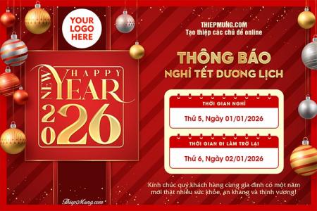 Mẫu thông báo nghỉ Tết Dương Lịch 2026 nền đỏ sang trọng