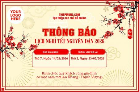 Thông báo lịch nghỉ Tết 2026 mẫu hoa đào với logo