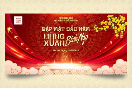 Tạo backdrop gặp mặt đầu năm mẫu mai vàng trống đồng