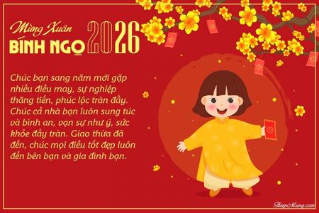 Thiệp cô bé cầm bao lì xì chúc Tết Bính Ngọ 2026