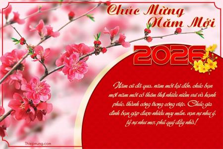 Thiệp chúc mừng năm mới 2026 hoa đào, mai khoe sắc