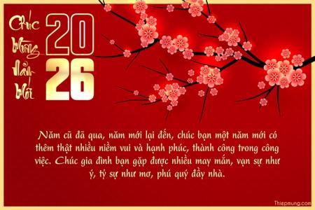 Thiệp chúc Tết năm mới 2026 hoa đào cực đẹp