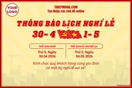 Thông báo nghỉ lễ Giải phóng Miền Nam 30/4 và Quốc tế Lao Động 1/5