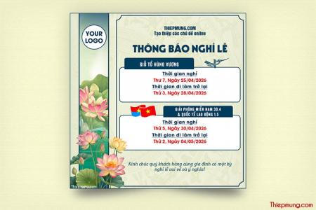 Tạo banner thông báo nghỉ lễ Giỗ Tổ Hùng Vương, 30/4 và 1/5 mẫu hoa sen