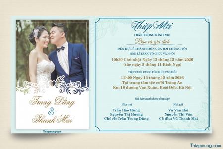 Mẫu thiệp cưới xanh pastel trang trọng kèm ảnh cô Dâu chú Rể