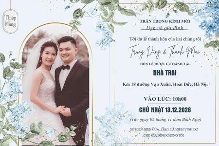 Thiết kế thiệp mời đám cưới hoa màu xanh với ảnh của bạn