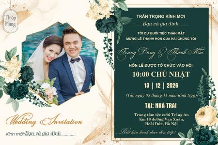 Tạo thiệp cưới online mẫu hoa vàng trên nền xanh