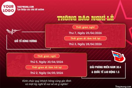 Mẫu banner thông báo nghỉ lễ Giỗ Tổ Hùng Vương kết hợp 30/4 - 1/5 màu đỏ chuyên nghiệp