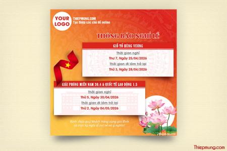 Tạo thông báo nghỉ lễ kết hợp Giỗ Tổ Hùng Vương, 30/4 và 1/5 thiết kế đẹp chuyên nghiệp