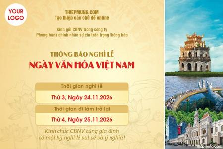 Mẫu thông báo nghỉ lễ ngày văn Hóa Việt Nam sang trọng chuyên nghiệp