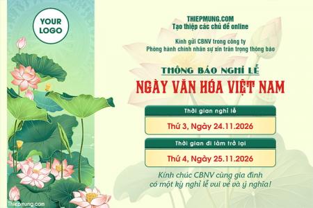 Tạo thông báo nghỉ lễ ngày văn hóa Việt Nam hoa sen trang trọng chuyên nghiệp
