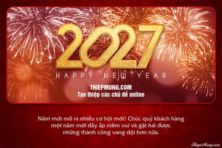 Thiệp chúc mừng năm mới - Happy New Year 2027 nền đỏ và pháo hoa