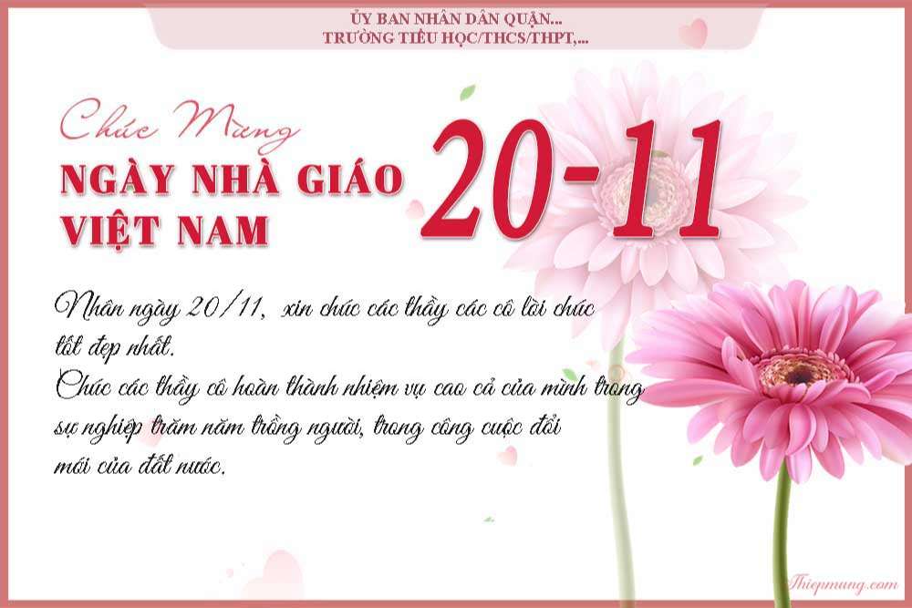 Viết lời chúc Ngày Nhà giáo Việt Nam 20/11 trên thiệp hoa đẹp với tên tổ chức của bạn để truyền tải đến người thầy những lời chúc tốt đẹp nhất. Tại đây, chúng tôi cung cấp cho bạn giải pháp hoàn hảo nhất để tạo ra một món quà đầy cảm xúc và ý nghĩa.