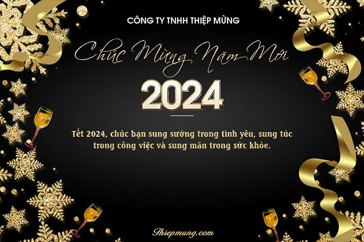 Lời chúc mừng năm mới 2024 trang trí nền và chữ vàng sang trọng