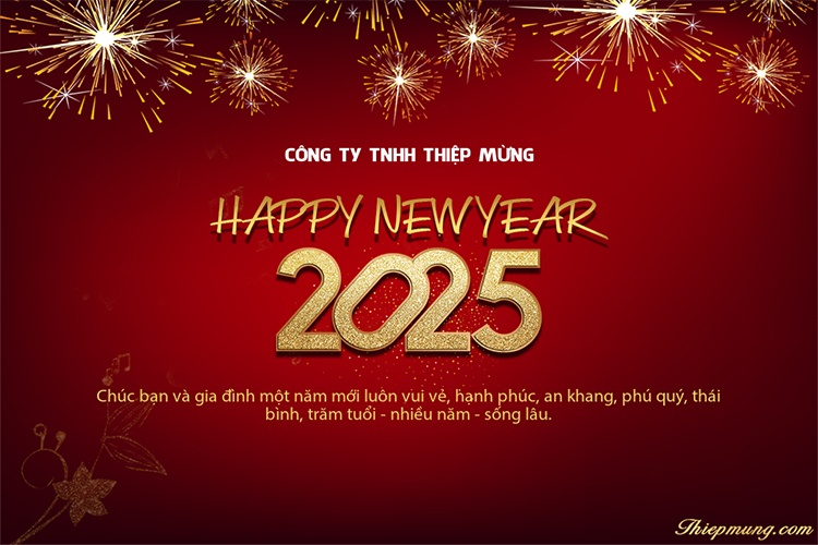 Thiệp chúc mừng năm mới - Happy New Year 2025 nền đỏ và pháo hoa