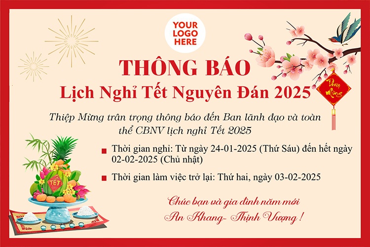 Thông báo lịch nghỉ Tết 2025 mẫu hoa đào với logo