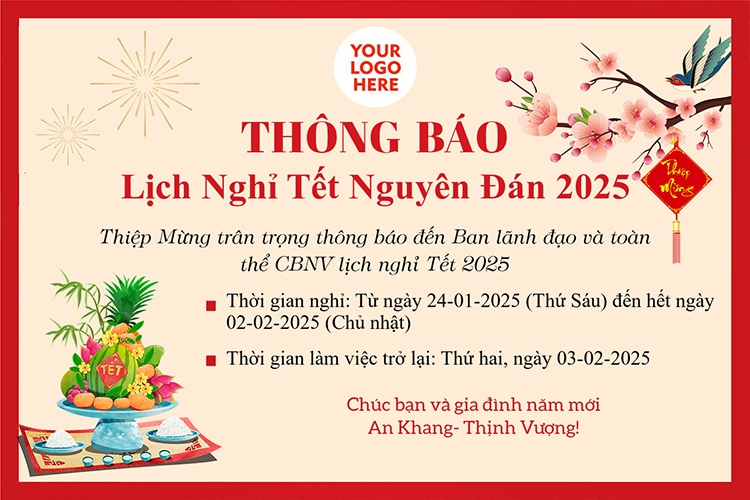 Thông báo lịch nghỉ Tết 2025 mẫu hoa đào với logo