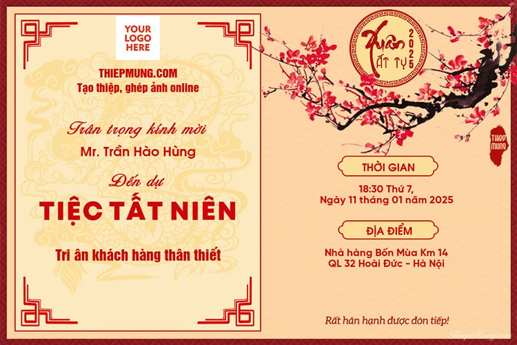 Tạo thiệp mời tất niên cuối năm mẫu hoa đào