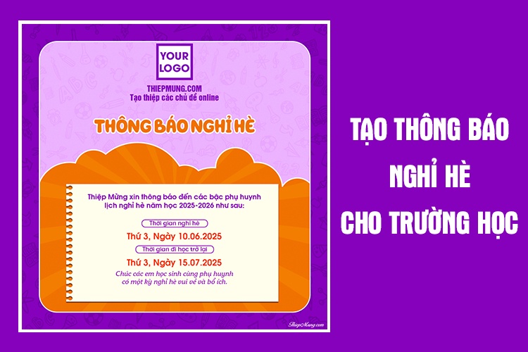 Mẫu thông báo nghỉ hè màu tím dành cho trường học