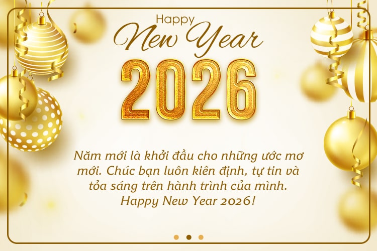 Thiệp chúc mừng năm mới 2026 màu vàng sang trong với bóng bay