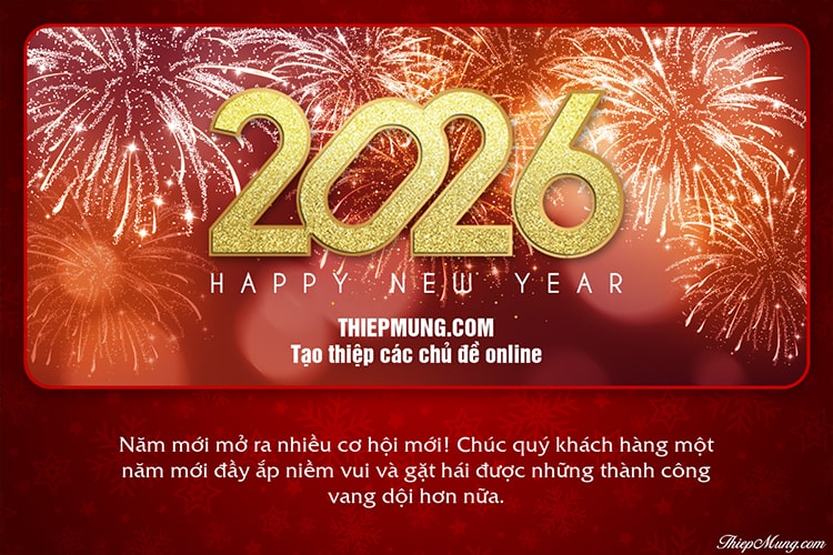 Thiệp chúc mừng năm mới - Happy New Year 2026 nền đỏ và pháo hoa