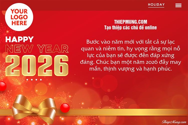 Mẫu thiệp chúc mừng năm mới 2026 lấp lánh với ruy băng