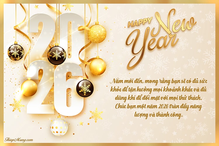 Thiệp chúc mừng năm mới 2026 sang trọng tông vàng ánh kim đẹp mắt