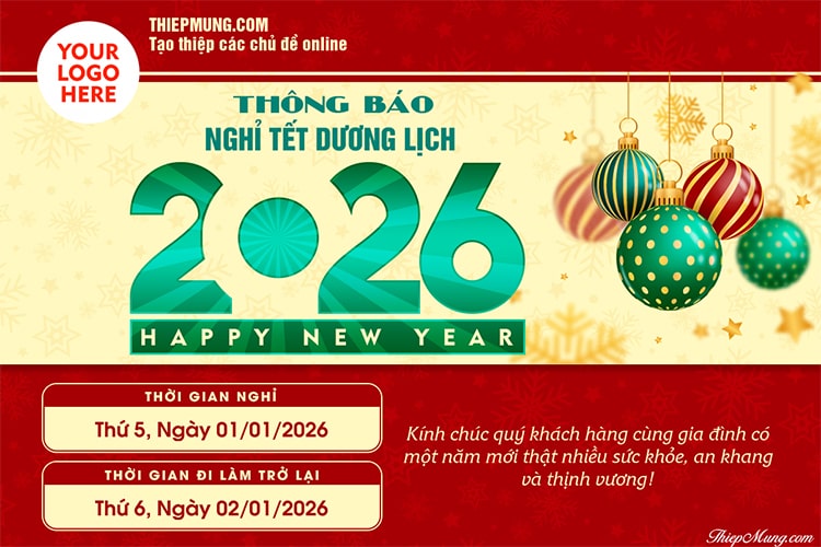 Mẫu thông báo nghỉ Tết Dương Lịch 2026 hiện đại, chuyên nghiệp