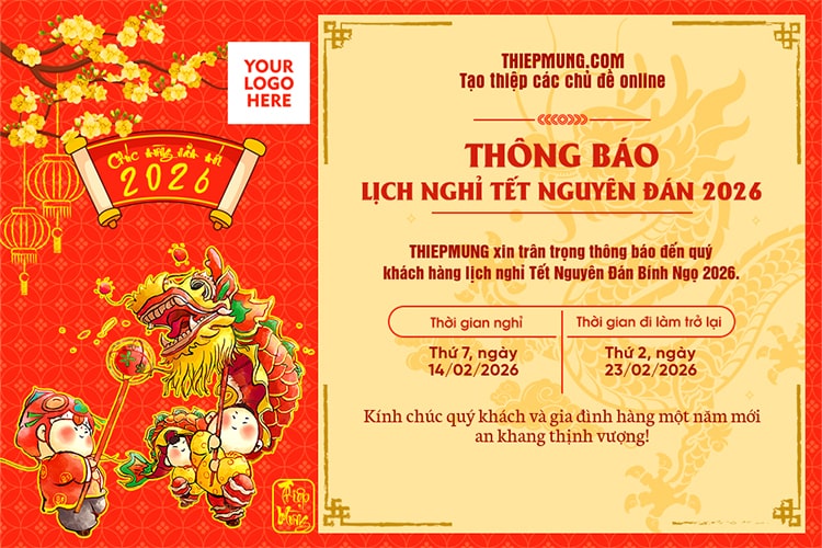 Mẫu thông báo nghỉ Tết Bính Ngọ 2026 cho doanh nghiệp và trung tâm giáo dục