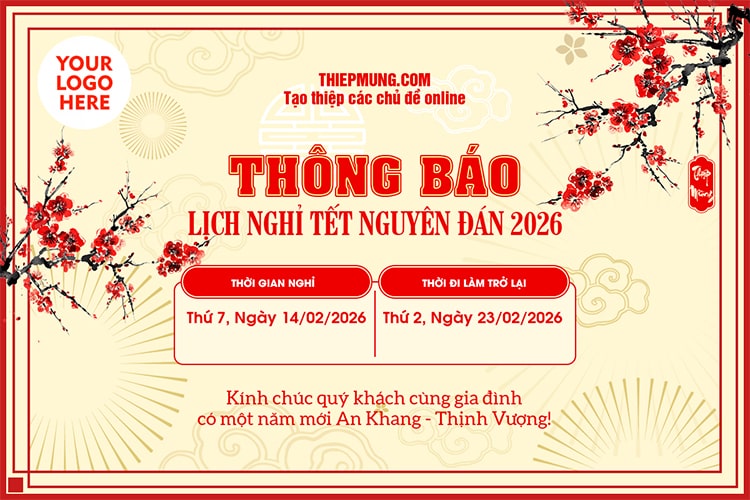 Thông báo lịch nghỉ Tết 2026 mẫu hoa đào với logo